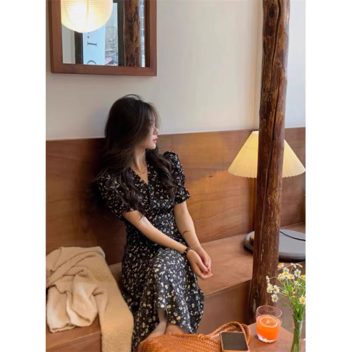 XZOXZO2025山本風黑色碎花裙子女新款法式高級感系帶收腰連衣裙夏