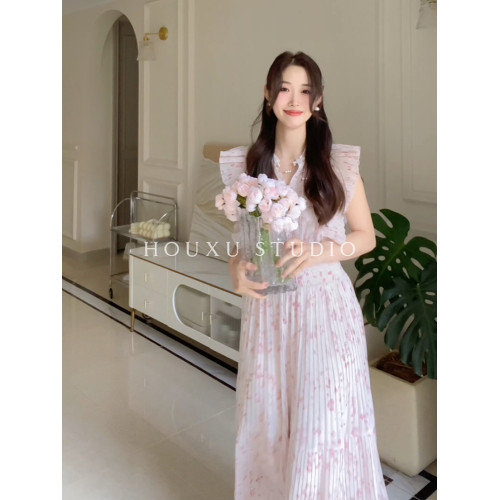 品質樹莓貝貝同款日系復古小立領松緊壓褶袖印花連衣裙碎花裙