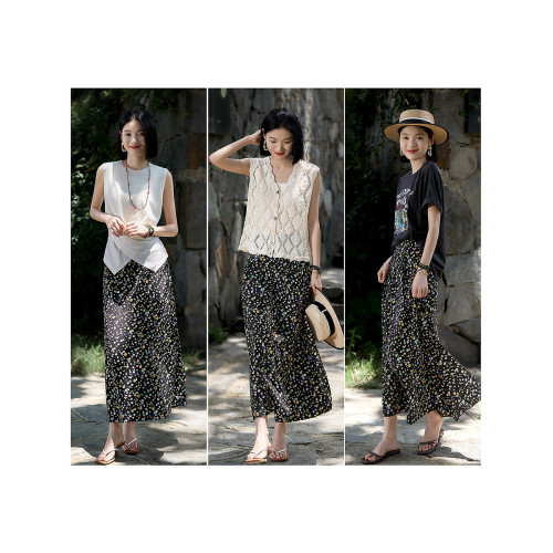 『夏夜小雛菊』彈力雙縐桑蠶絲直筒半身裙真絲碎花裙25夏季新款