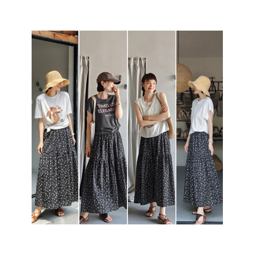 輕城蘇小糖|小花裙 復古碎花裙女夏季松緊高腰寬鬆a字半身長裙子