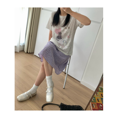 SEEEEMI 輕盈感~夏季紫色碎花裙松緊腰甜美a字顯瘦百搭雪紡半身裙