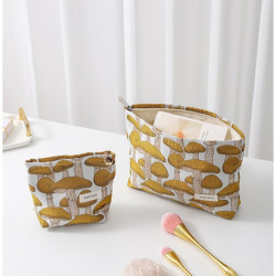 文藝復古提花蘑菇化妝包可攜式洗漱包內膽包旅行護膚品收納袋帆布包