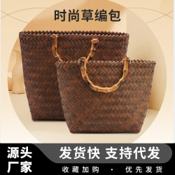 2024新款大容量手工編織包時尚百搭編織包菜籃子復古竹節包沙灘度