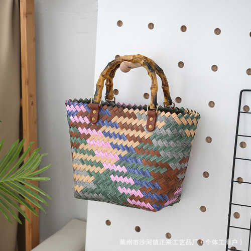 法式復古手提包竹把手編織包大容量時尚簡約百搭手提菜籃子竹節包 法式復古手提包竹把手編織包大容量時尚簡約百搭手提菜籃子竹節包