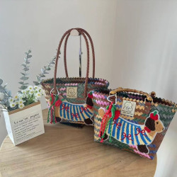 臘腸狗手工編織包通勤購物單肩包度假手提沙灘包（尼龍繩吊墜）