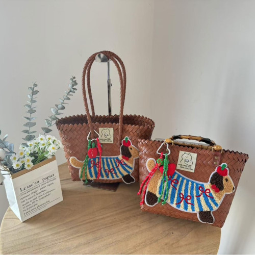 臘腸狗手工編織包通勤購物單肩包度假手提沙灘包（尼龍繩吊墜）