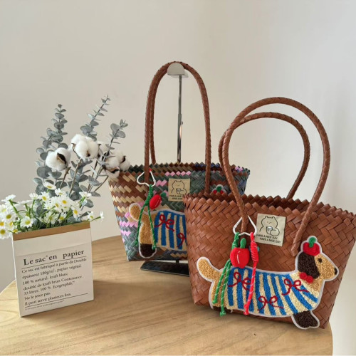 臘腸狗手工編織包通勤購物單肩包度假手提沙灘包（尼龍繩吊墜）