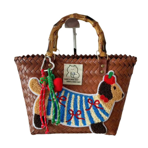 臘腸狗手工編織包通勤購物單肩包度假手提沙灘包（尼龍繩吊墜）