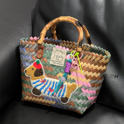 復古條紋臘腸狗狗編織包手提包尼龍繩吊墜托特包手拎女包沙灘包