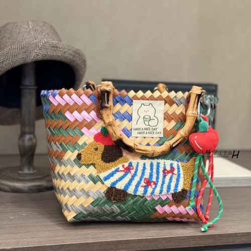 復古條紋臘腸狗狗編織包手提包尼龍繩吊墜托特包手拎女包沙灘包 復古條紋臘腸狗狗編織包手提包尼龍繩吊墜托特包手拎女包沙灘包