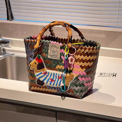 復古條紋臘腸狗狗編織包手提包尼龍繩吊墜托特包手拎女包沙灘包 復古條紋臘腸狗狗編織包手提包尼龍繩吊墜托特包手拎女包沙灘包