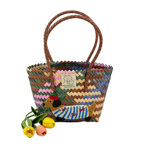 復古條紋臘腸狗狗編織包手提包尼龍繩吊墜托特包手拎女包沙灘包 復古條紋臘腸狗狗編織包手提包尼龍繩吊墜托特包手拎女包沙灘包