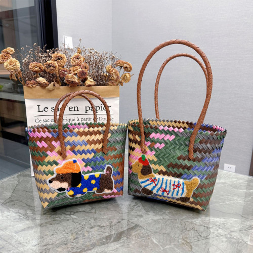 新款復古條紋臘腸狗多色編織托特包通勤女士手提包編織包包 新款復古條紋臘腸狗多色編織托特包通勤女士手提包編織包包