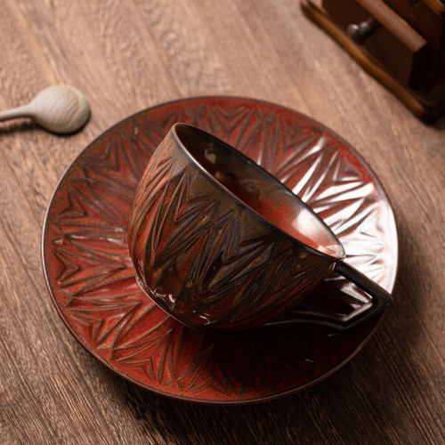 立體浮雕紋高顔值咖啡杯碟套裝復古陶瓷下午茶杯粗陶馬克杯子 立體浮雕紋高顔值咖啡杯碟套裝復古陶瓷下午茶杯粗陶馬克杯子