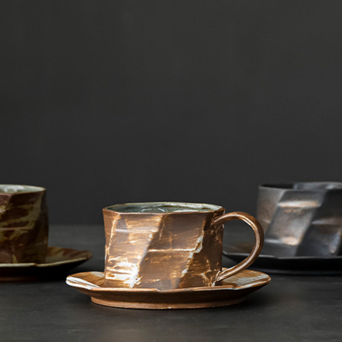 日式粗陶咖啡杯精緻馬克杯帶把創意鎏金復古家用陶瓷茶水杯子套裝 日式粗陶咖啡杯精緻馬克杯帶把創意鎏金復古家用陶瓷茶水杯子套裝