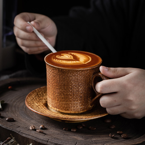 日本瀨戶燒古樸手作粗陶麻紋咖啡杯杯子點心碟下午茶杯日式馬克杯 日本瀨戶燒古樸手作粗陶麻紋咖啡杯杯子點心碟下午茶杯日式馬克杯