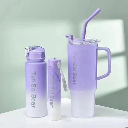 新款40oz塑膠杯可攜式手提杯吸琯杯三件套高顔值漸變色水杯