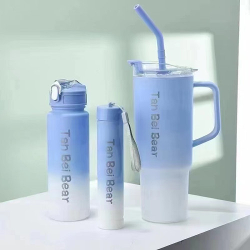 新款40oz塑膠杯可攜式手提杯吸琯杯三件套高顔值漸變色水杯