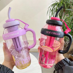 巨無霸冰霸杯簡約高顔值大容量水杯茶漏花茶夏涼可攜式把手吸琯杯