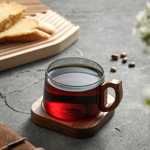 復古灰色玻璃咖啡杯碟胡桃木手柄杯中古小衆拉花拿鐵杯下午茶水杯 復古灰色玻璃咖啡杯碟胡桃木手柄杯中古小衆拉花拿鐵杯下午茶水杯