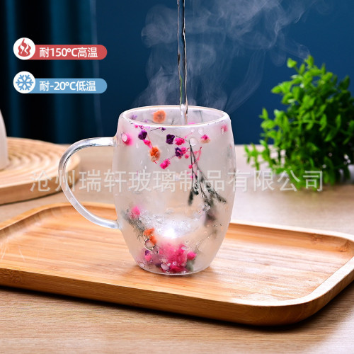 高顔值花杯創意新品單杯雙層杯家用咖啡杯玻璃水杯酒吧咖啡廳杯子