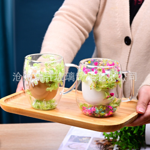 高顔值花杯創意新品單杯雙層杯家用咖啡杯玻璃水杯酒吧咖啡廳杯子