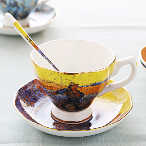 英式輕奢碟勺下午茶杯梵高油畫骨瓷咖啡杯創意伴手禮陶瓷杯子