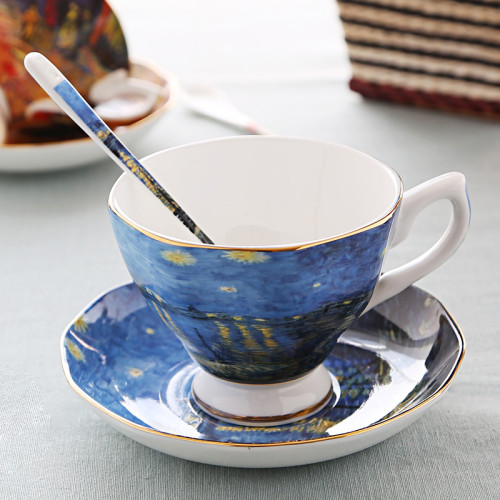 英式輕奢碟勺下午茶杯梵高油畫骨瓷咖啡杯創意伴手禮陶瓷杯子