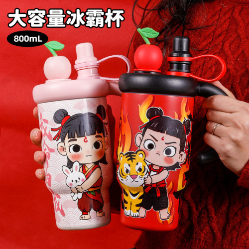 哪吒雙飲冰霸杯大容量304不鏽鋼保溫杯學生可攜式手柄杯車用汽車杯 哪吒雙飲冰霸杯大容量304不鏽鋼保溫杯學生可攜式手柄杯車用汽車杯