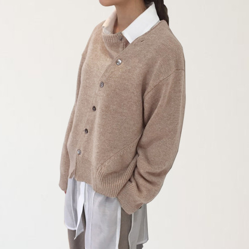 春季新款韓版斜釦不規則設計慵懶風毛衣開衫圓領針織外套女