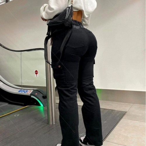 高質量歐美新款翹臀長褲高腰多口袋工裝時尚彈力潮流街頭潮人女褲