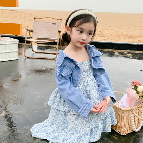 Ancorelala2023春夏季新款女童套裝牛仔短外套加吊帶連衣裙兩件套