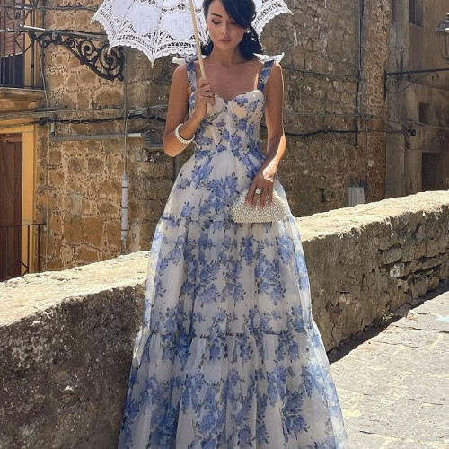 新款春夏露肩歐美女裝時尚歐根紗仙氣長款氣質晚禮服連衣裙