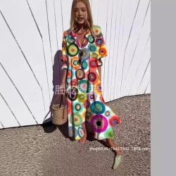 2024女裝新款大碼款縮褶歐美獨立站印花氣質通勤連衣裙