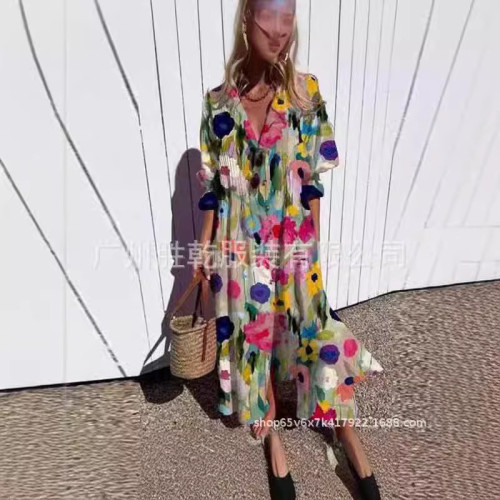 2024女裝新款大碼款縮褶歐美獨立站印花氣質通勤連衣裙