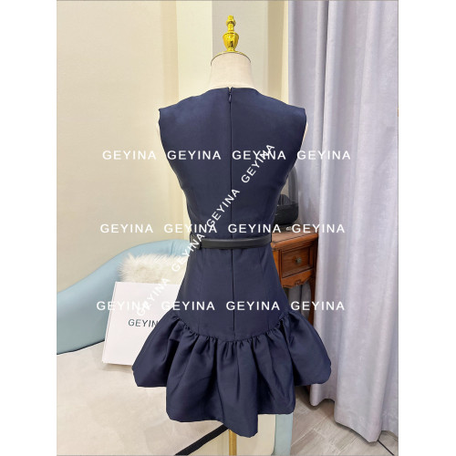 【智秀同款】GEYINA高定2025早秋款S藏藍色收腰P芭蕾風花苞連衣裙