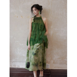 ICTS【淡樹莓粉】提花網紗掛脖假兩件連衣裙高級感晨袍無袖裙子