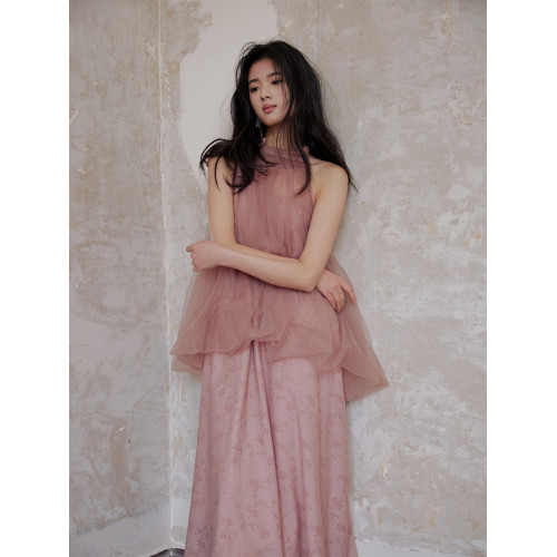 ICTS【淡樹莓粉】提花網紗掛脖假兩件連衣裙高級感晨袍無袖裙子