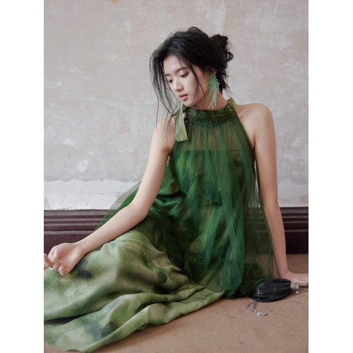 ICTS【淡樹莓粉】提花網紗掛脖假兩件連衣裙高級感晨袍無袖裙子