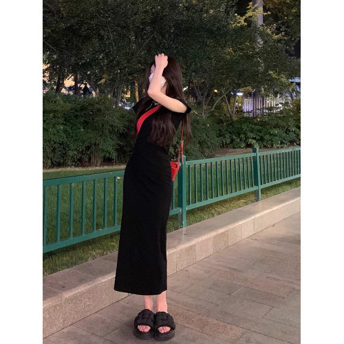 高個子加長灰色收腰褶皺氣質顯瘦棉質直筒休閒短袖T恤連衣裙女夏