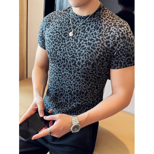 香港彈力純棉中領個性豹紋男t恤短袖2025韓版修身半高領體恤上衣