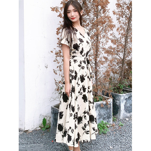 專櫃輕熟風裙子2025新款夏裝女復古中長款收腰顯瘦短袖印花連衣裙