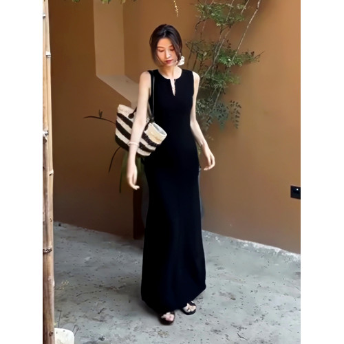 極簡深V領無袖背心連衣裙高個子復古赫本風優雅絕美氣質顯瘦長裙