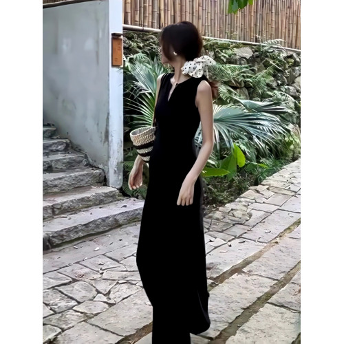 極簡深V領無袖背心連衣裙高個子復古赫本風優雅絕美氣質顯瘦長裙