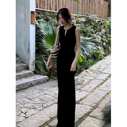 極簡深V領無袖背心連衣裙高個子復古赫本風優雅絕美氣質顯瘦長裙