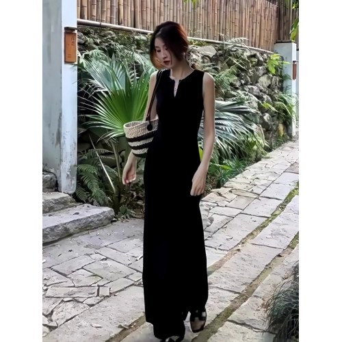 極簡深V領無袖背心連衣裙高個子復古赫本風優雅絕美氣質顯瘦長裙