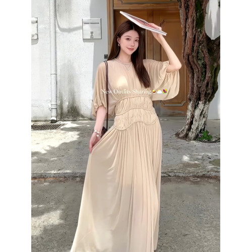 法式復古連衣裙女夏高級感紗絲腰封燈籠袖圓領收腰顯瘦氣質長裙子