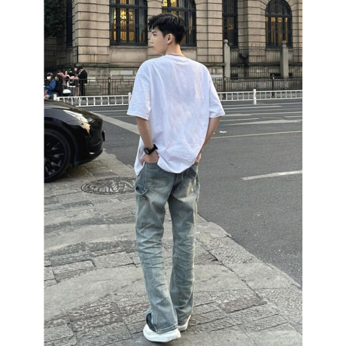潮牌美式復古短袖男t恤夏季歐美高街hiphop純色純棉半袖圓領襯衫