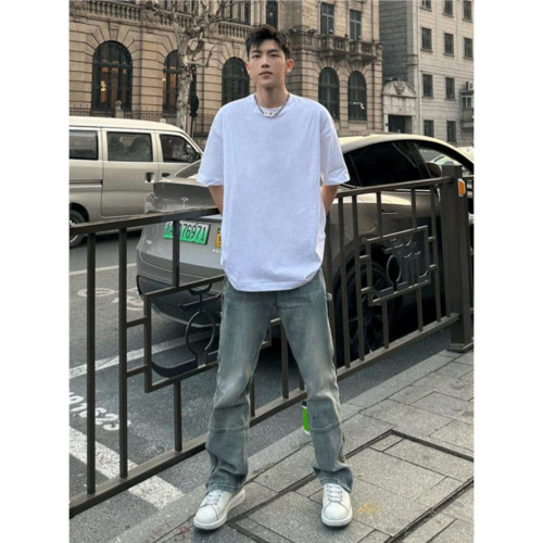 潮牌美式復古短袖男t恤夏季歐美高街hiphop純色純棉半袖圓領襯衫
