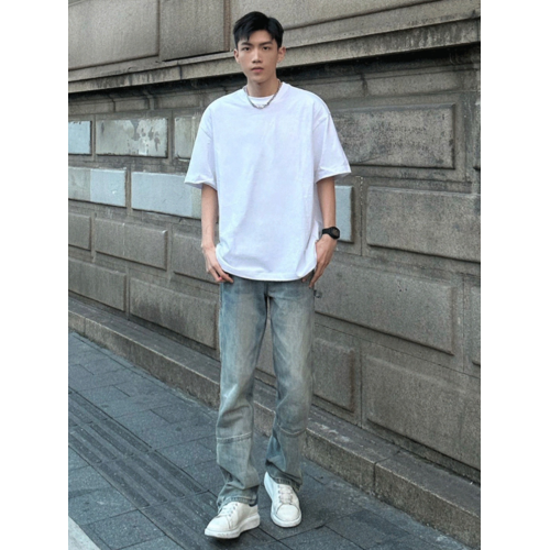 潮牌美式復古短袖男t恤夏季歐美高街hiphop純色純棉半袖圓領襯衫